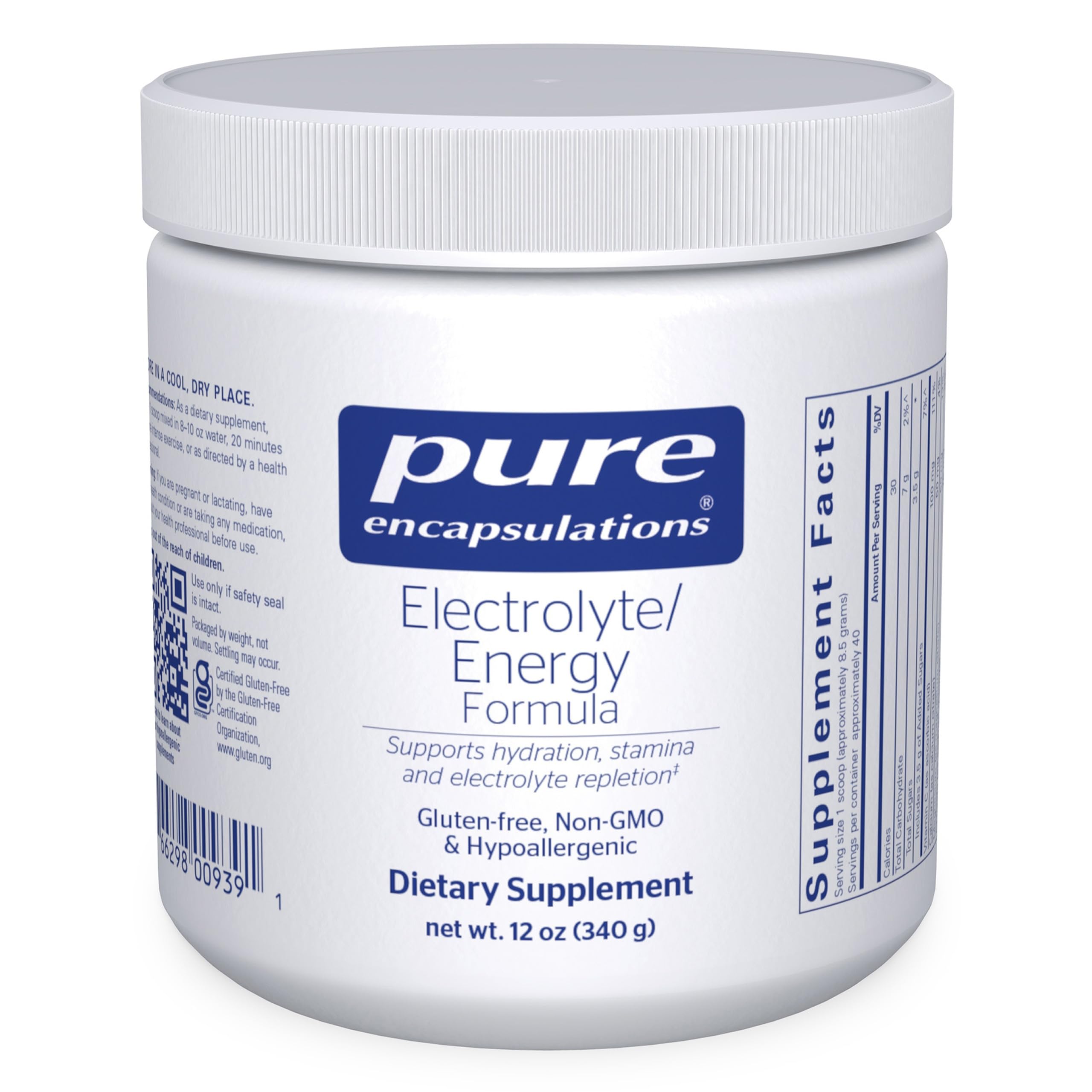 Pure Encapsulations Electrolyte/Energy bottle with clear label supports endurance during workouts.