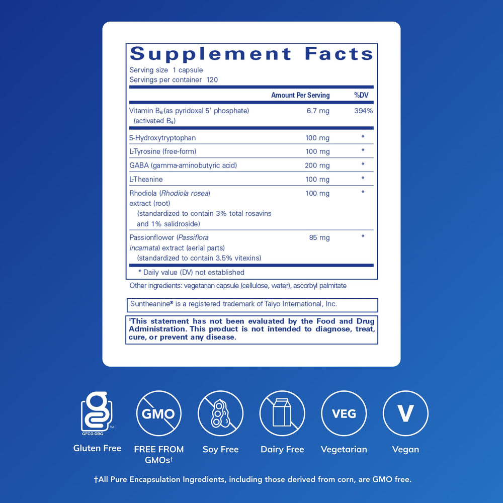Pure Encapsulations Emotional Wellness bottle label close-up highlighting premium allergen-free formula