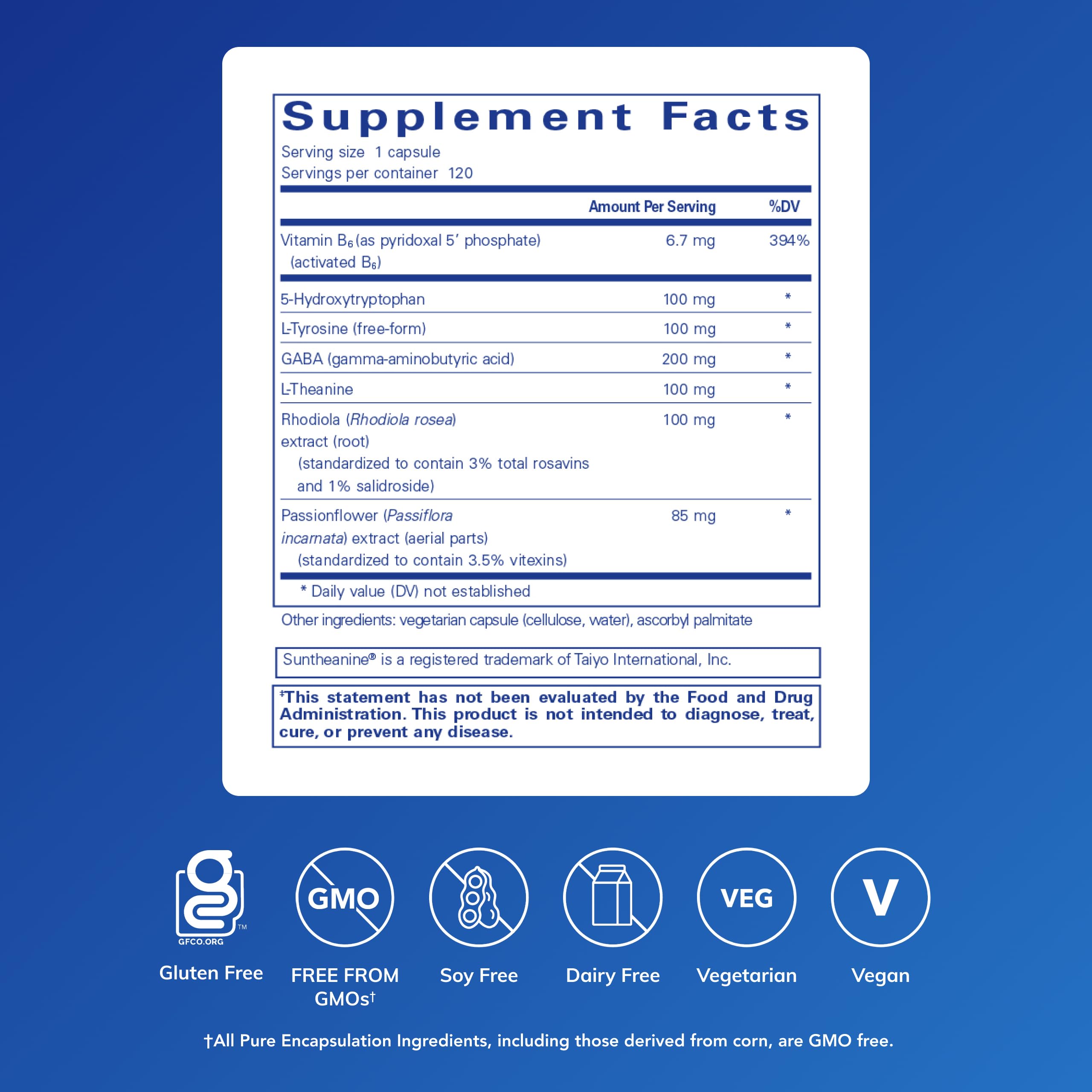 Pure Encapsulations Emotional Wellness bottle label close-up highlighting premium allergen-free formula