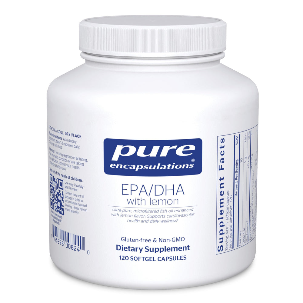 Bottle of Pure Encapsulations EPA/DHA with Lemon softgel capsules