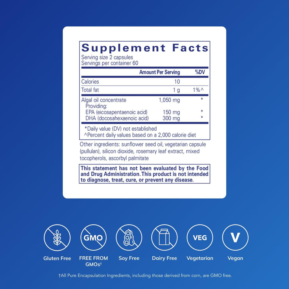 Algae-derived EPA and DHA omega-3 softgels close-up
