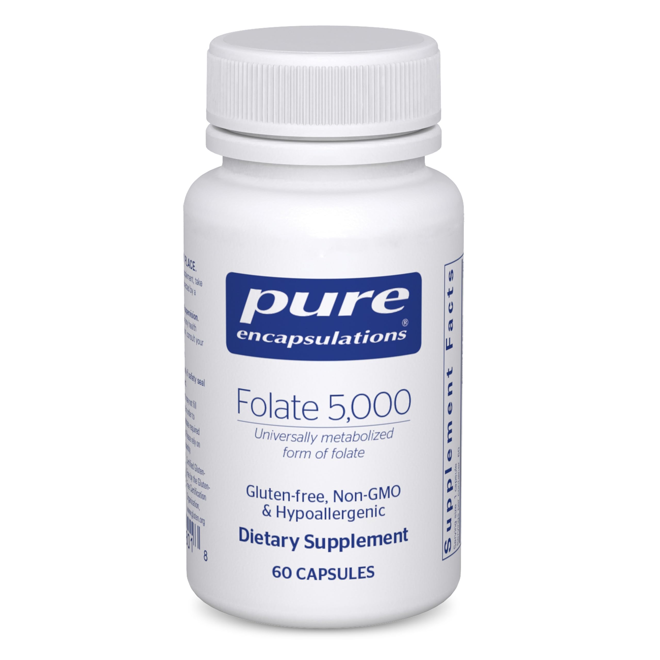 Bottle of Pure Encapsulations Folate 5,000 (60 capsules) against white background