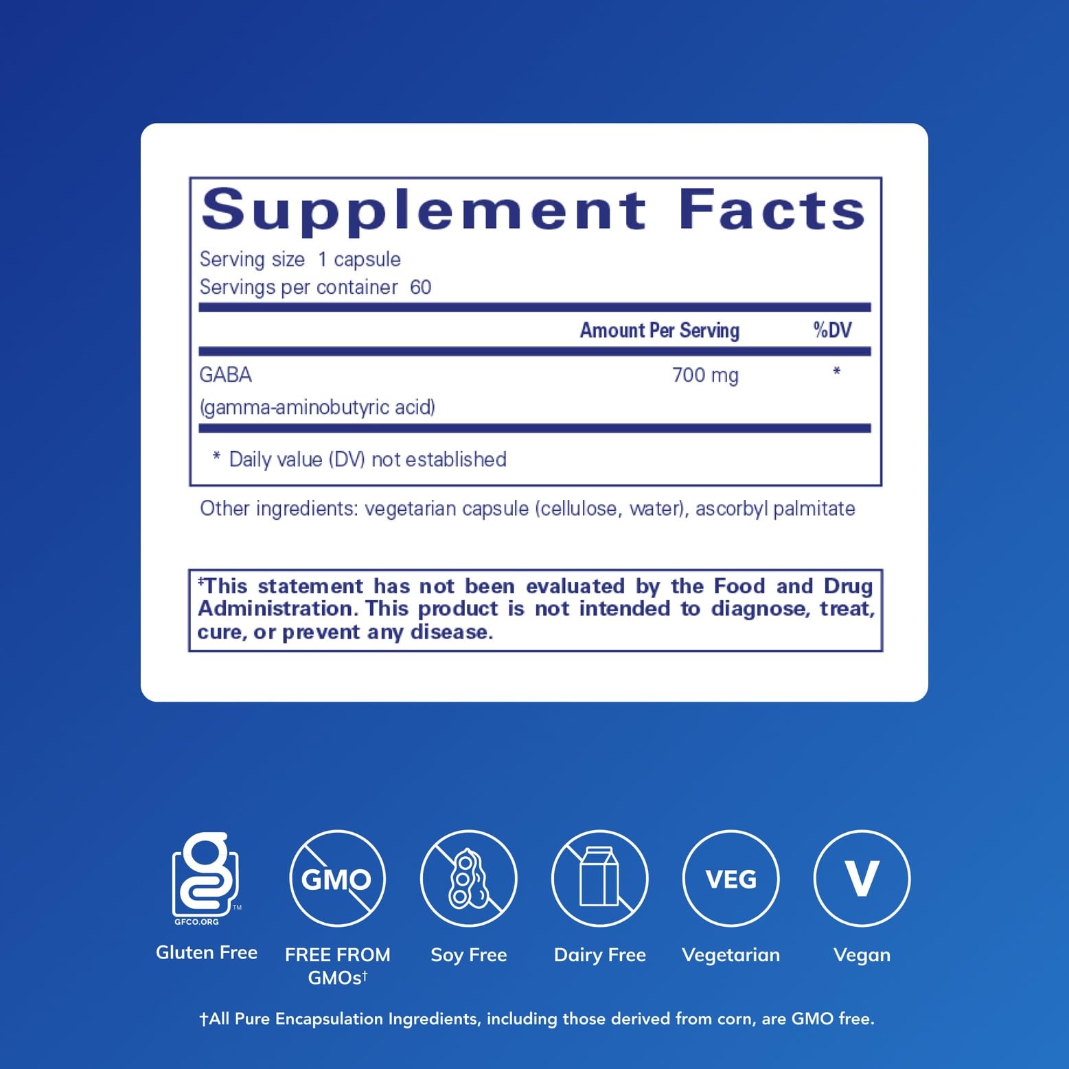 GABA supplement label by Pure Encapsulations