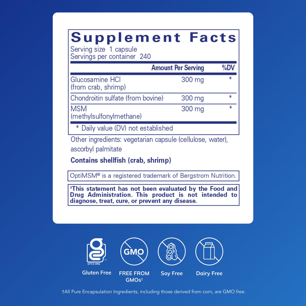 Capsule close-up showing 300 mg glucosamine HCl and 300 mg chondroitin sulfate