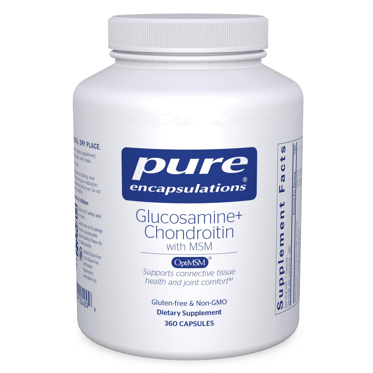 Bottle of Pure Encapsulations Glucosamine Chondroitin with MSM 360 capsules