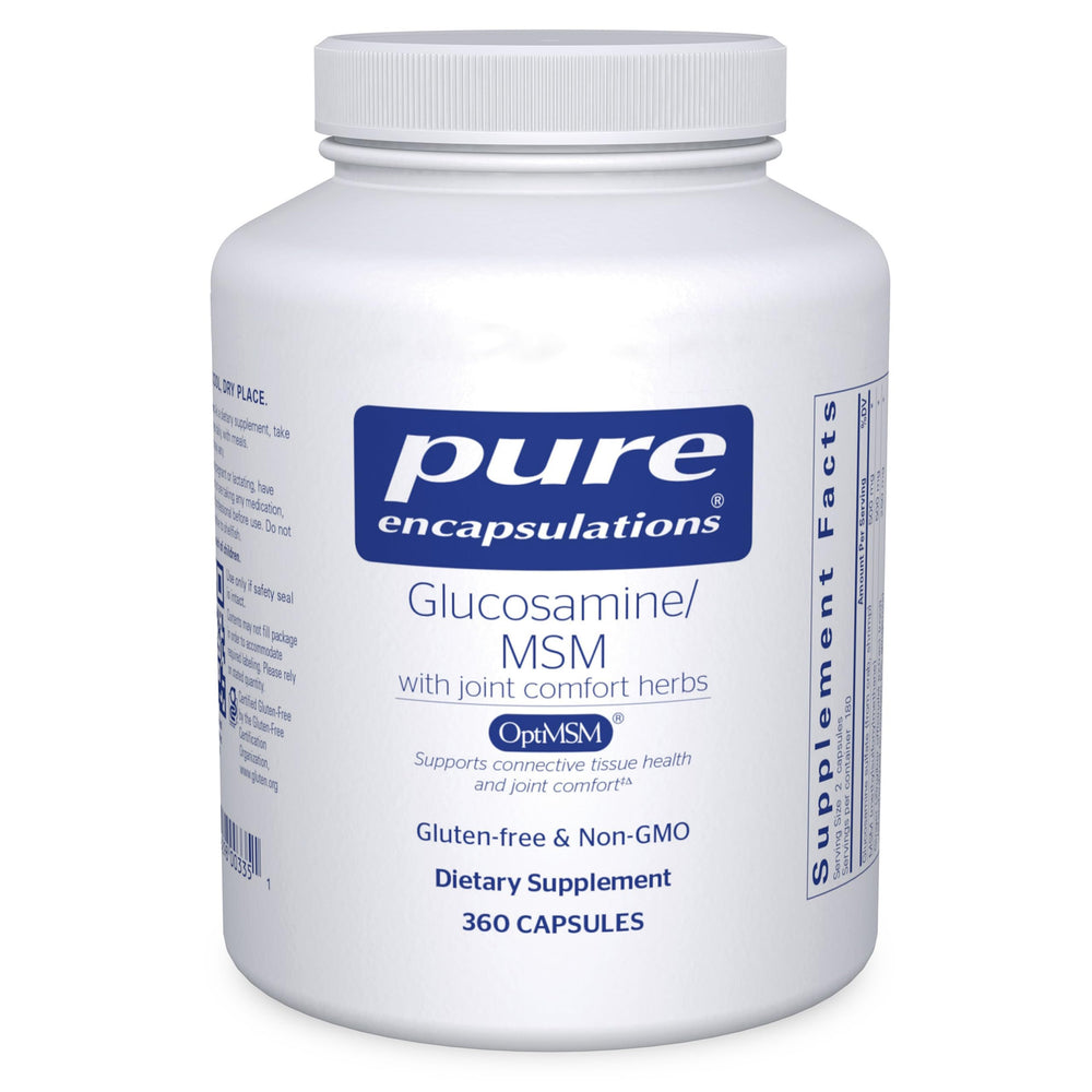 Pure Encapsulations Glucosamine MSM bottle showing joint support and cartilage health benefits