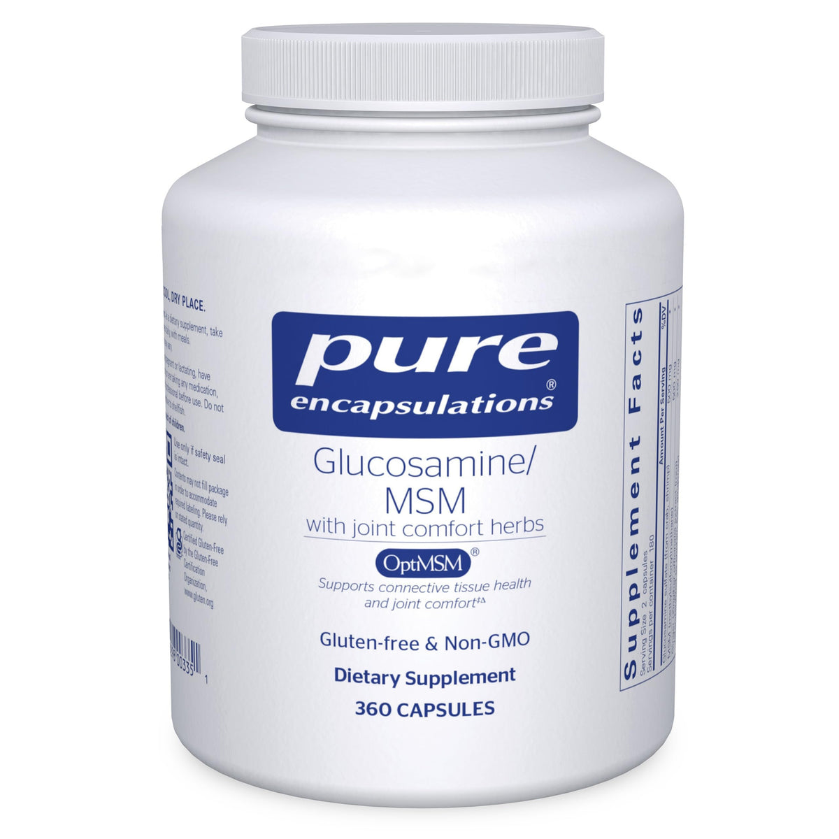Pure Encapsulations Glucosamine MSM bottle showing joint support and cartilage health benefits