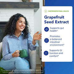 Grapefruit seed extract bottle with GI tract illustration