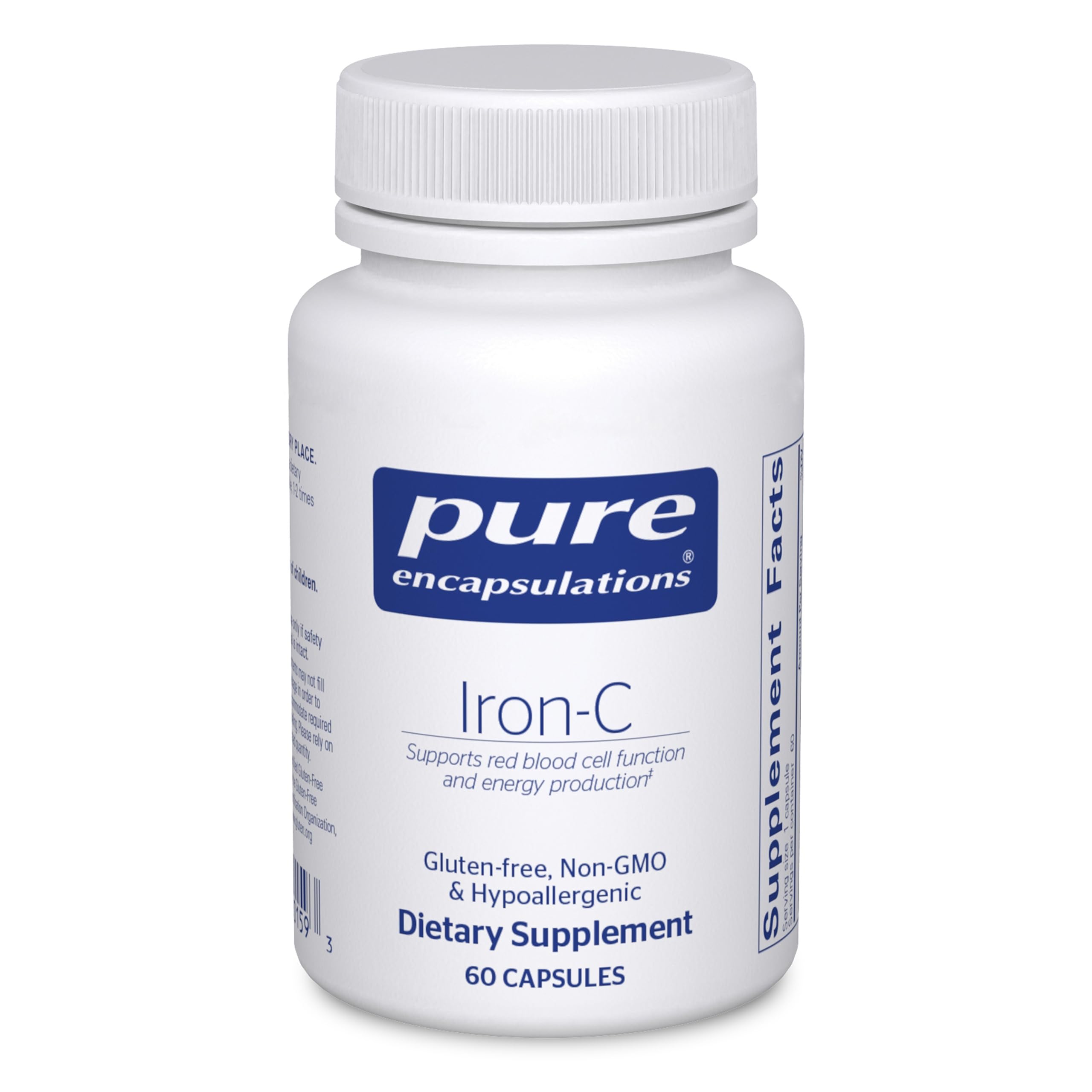 Pure Encapsulations Iron-C bottle front with vegan, gluten-free capsules.