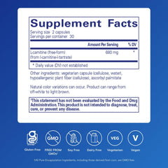 Close-up of L-Carnitine supplement label showing product details