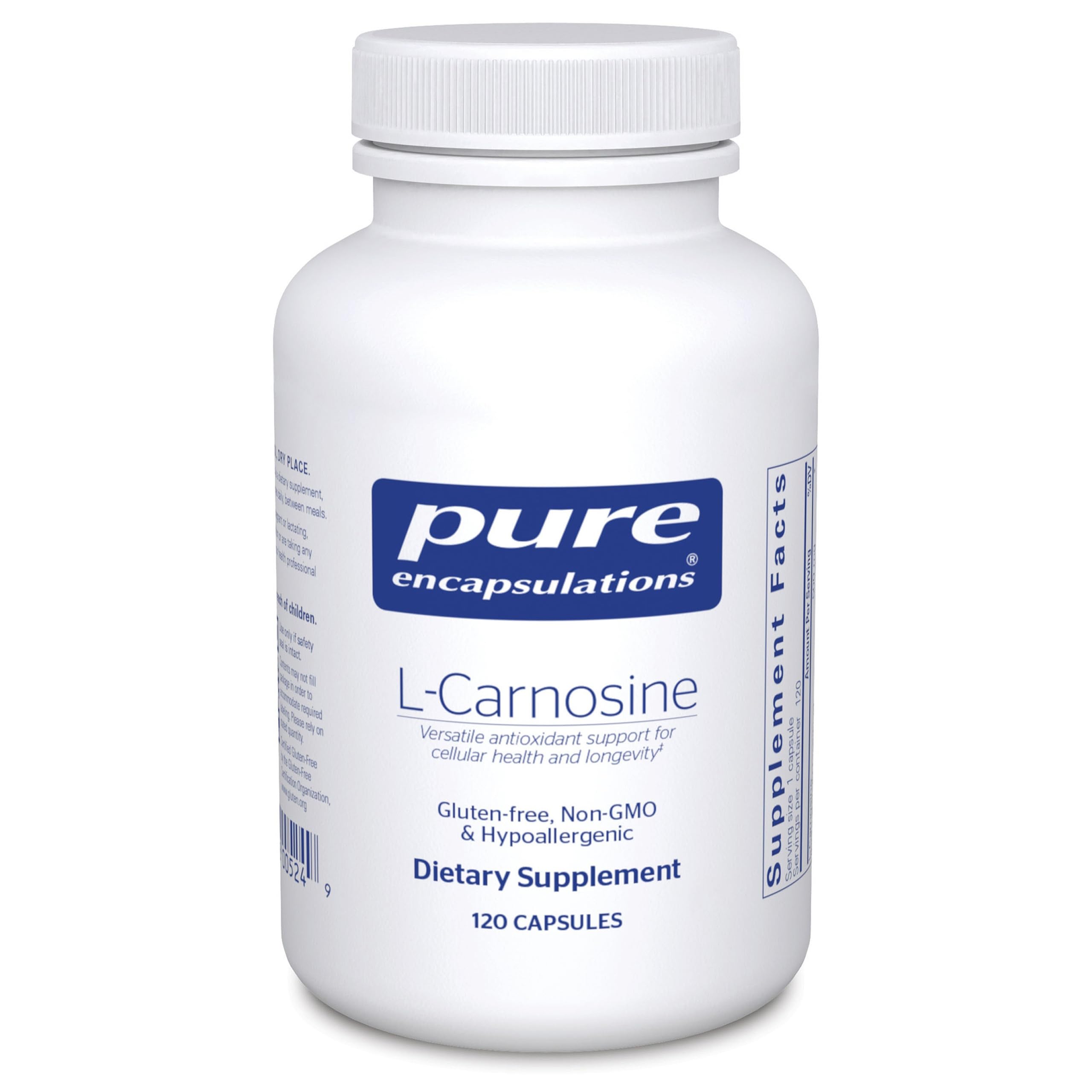 Pure Encapsulations L-Carnosine bottle close-up showing antioxidant support