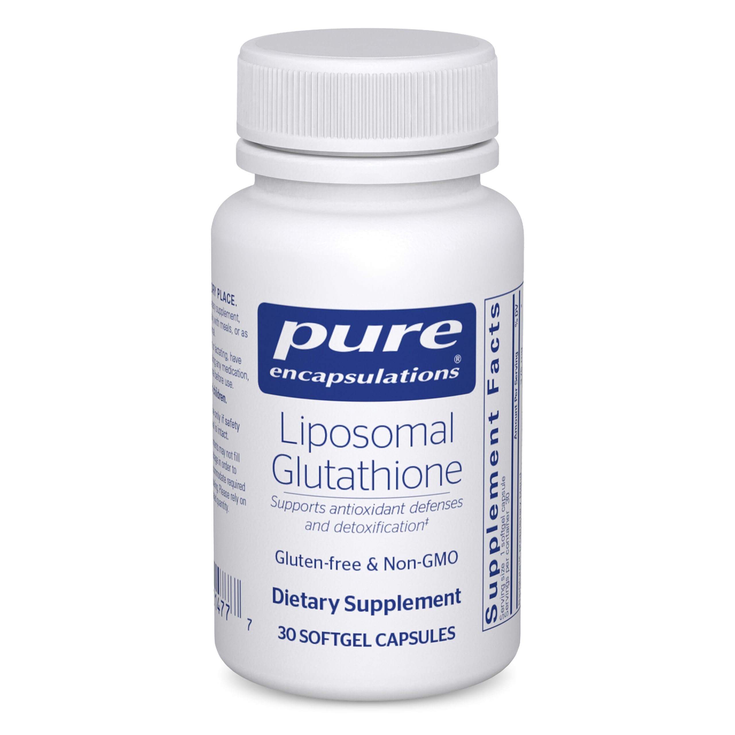 Front view of Pure Encapsulations Liposomal Glutathione 30 softgel bottle