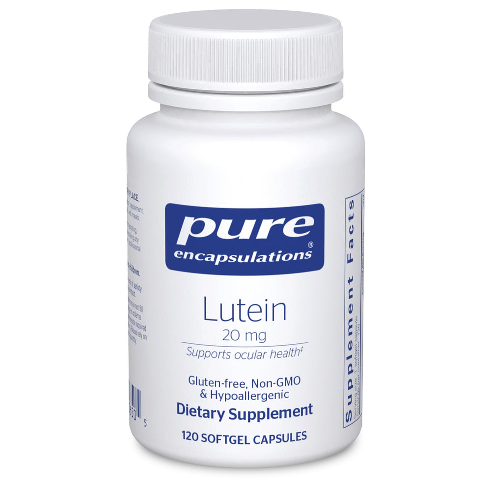 Pure Encapsulations lutein 20 mg bottle promotes macular health and antioxidant support.