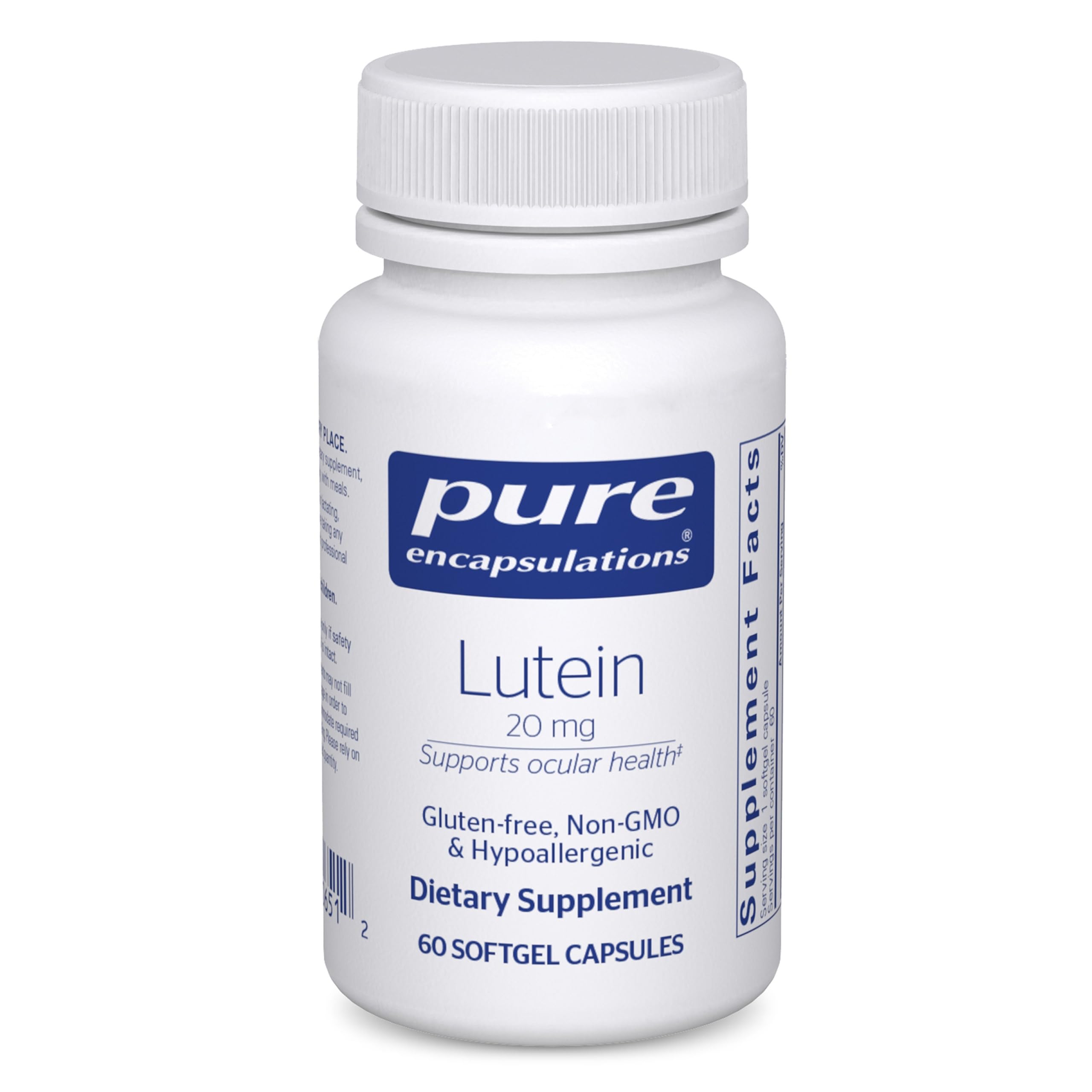 Pure Encapsulations Lutein 20 mg bottle for eye health support and antioxidant protection.
