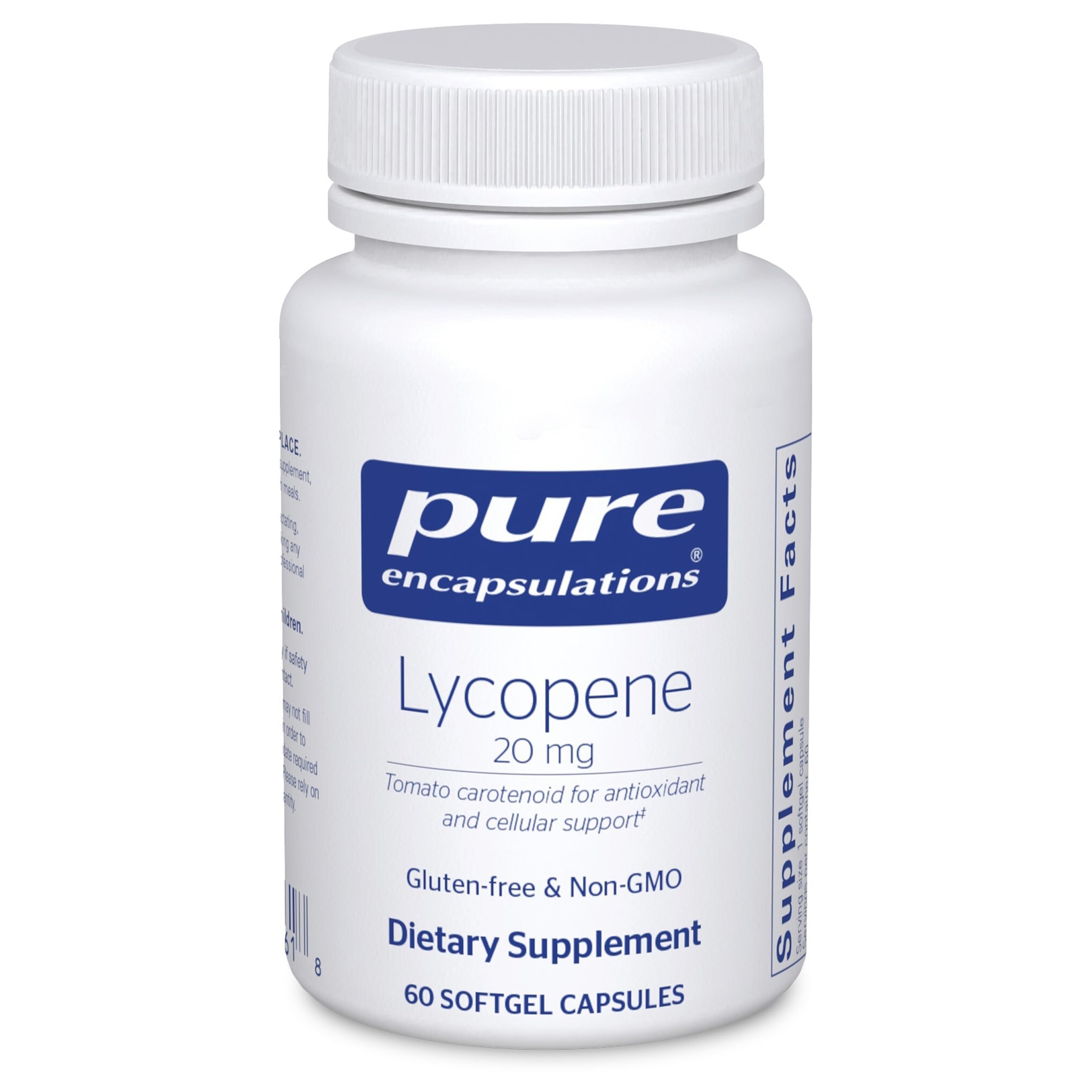 Pure Encapsulations Lycopene 20 mg bottle highlights antioxidant support from tomato extract