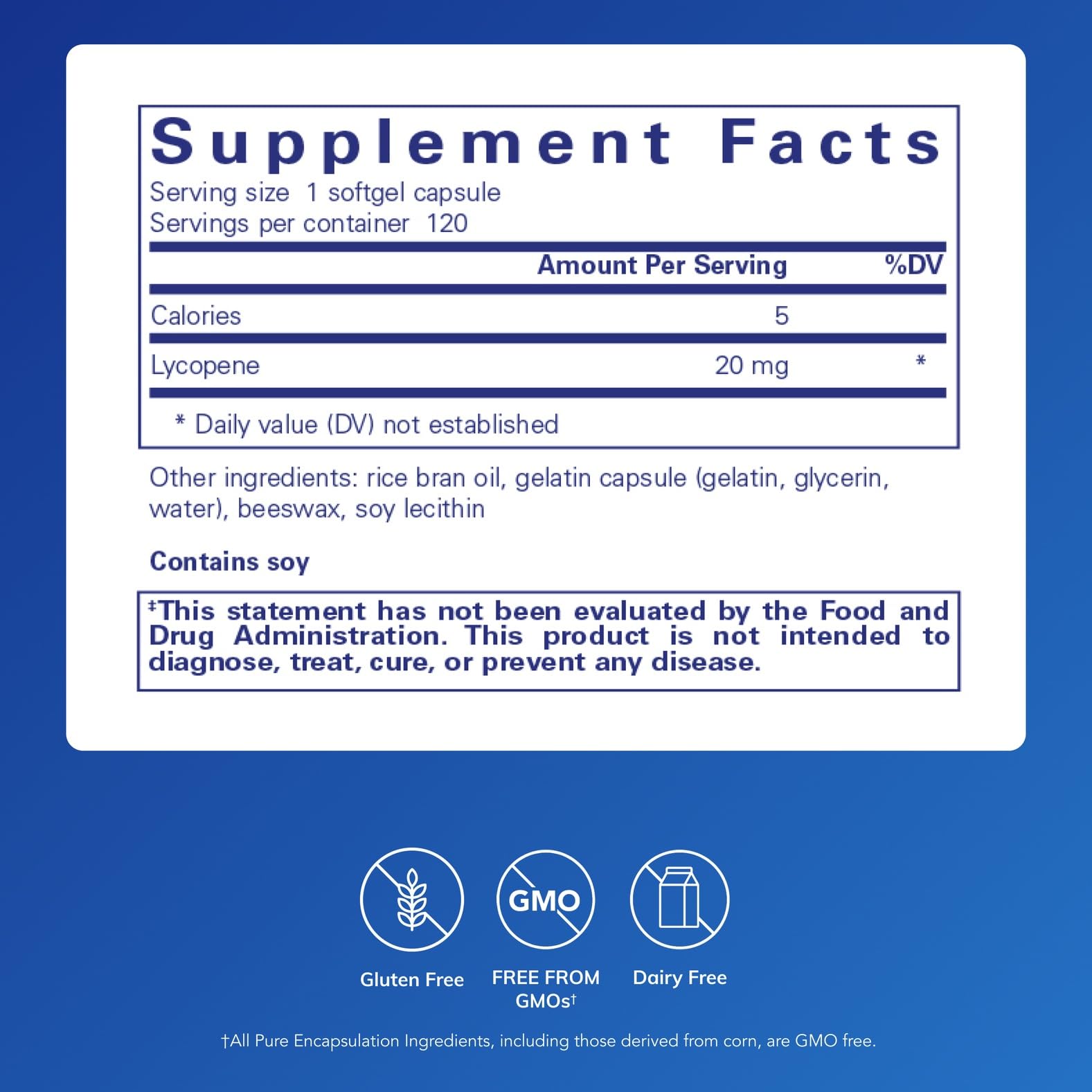 Pure Encapsulations Lycopene 20 mg label closeup highlighting plant-based ingredients and quality