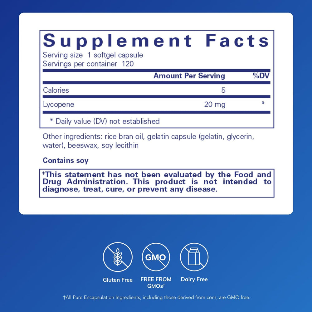 Pure Encapsulations Lycopene 20 mg label closeup highlighting plant-based ingredients and quality