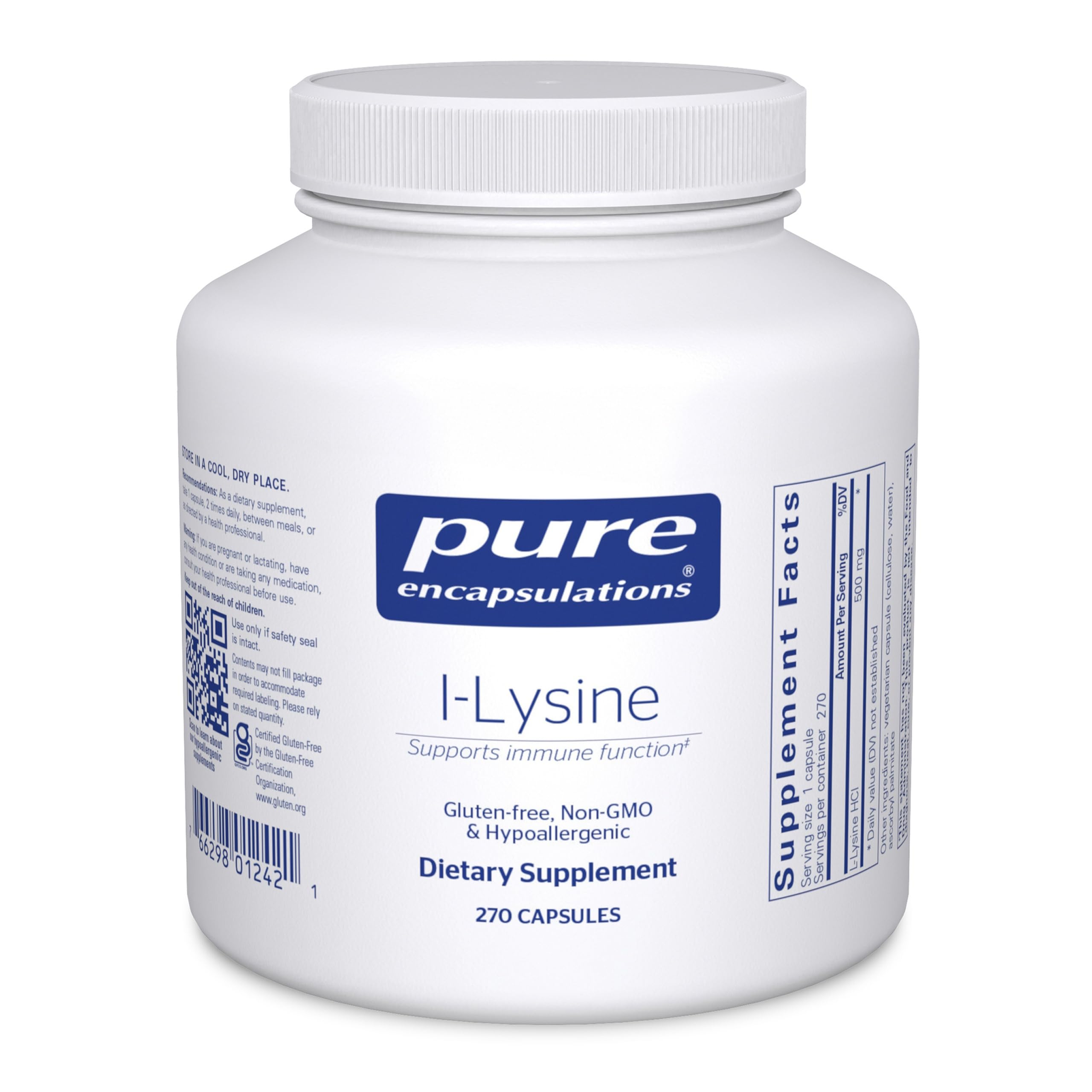 Pure Encapsulations L-Lysine bottle label highlighting a pure formulation for immune support