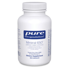 Pure Encapsulations Mineral 650 bottle front view shows balanced mineral support.