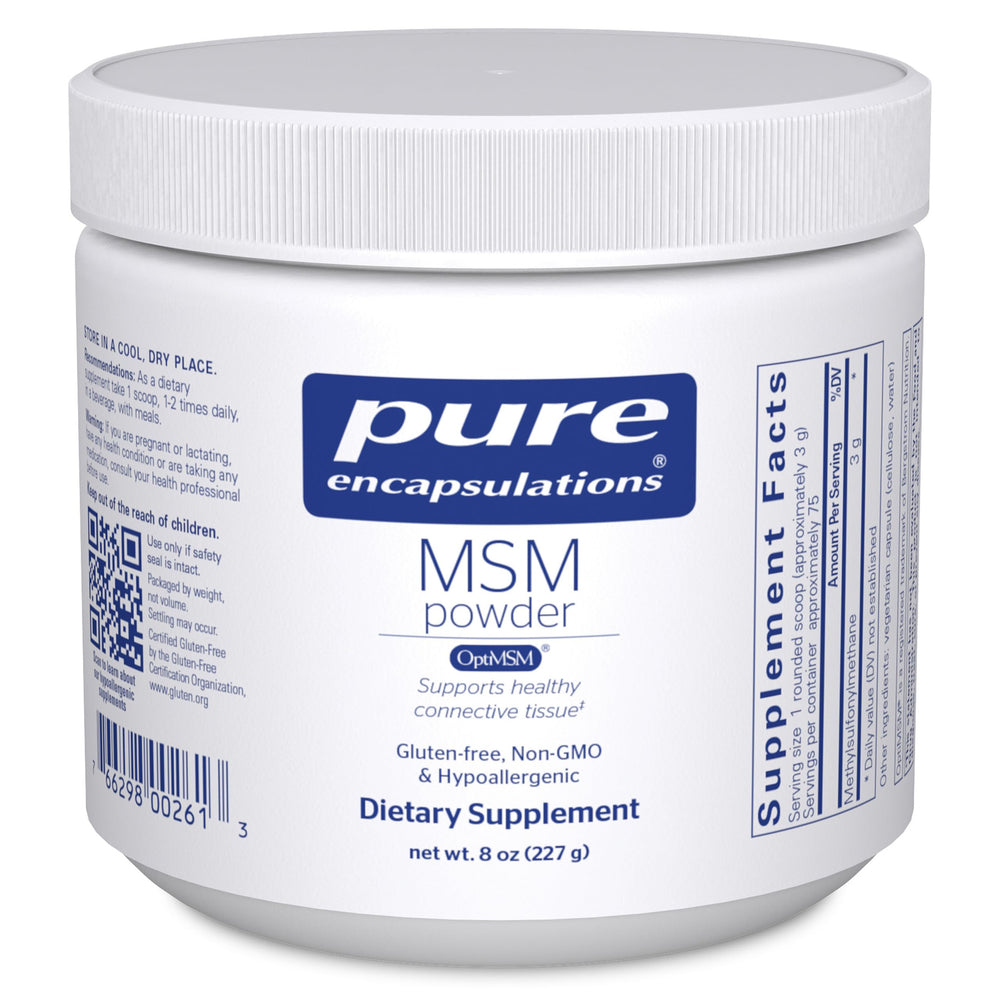 Pure Encapsulations MSM Powder bottle showing hypoallergenic formula for joint comfort and immune support