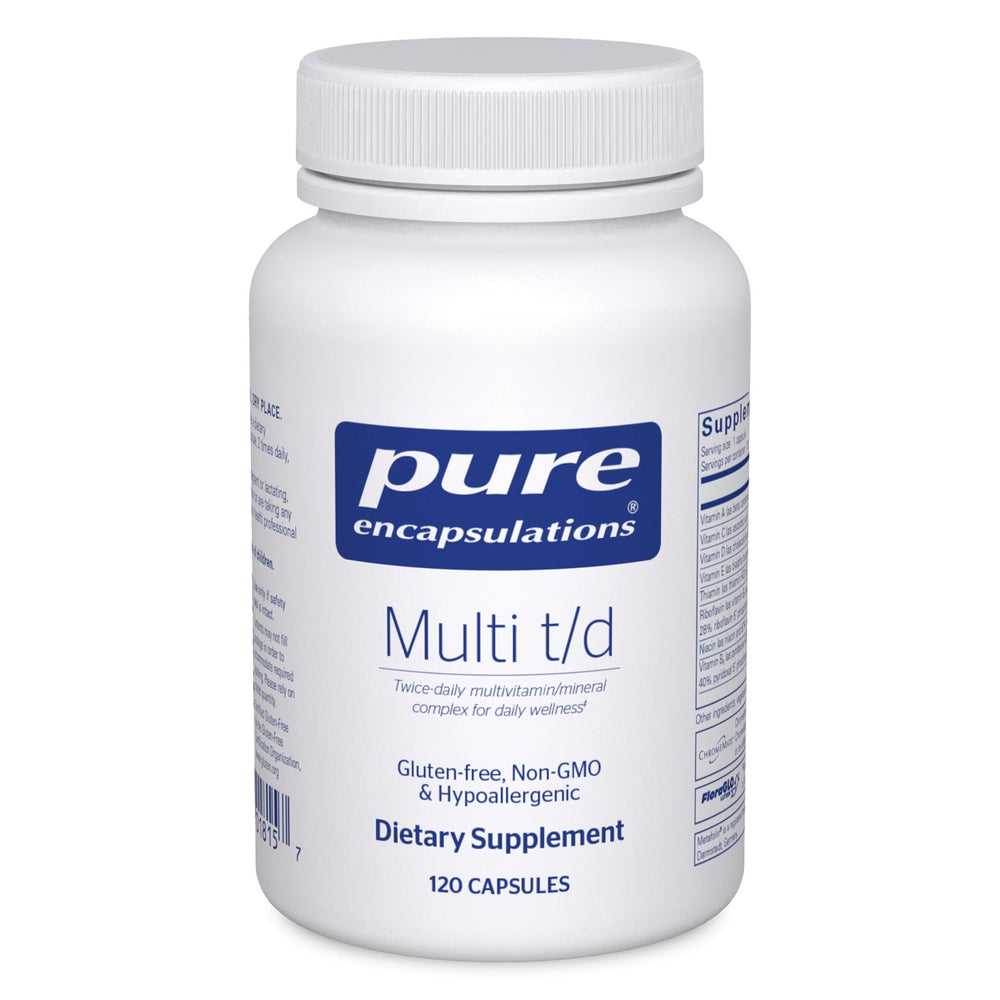 Bottle of Pure Encapsulations Multi T/D multivitamin and mineral supplement, 120 capsules