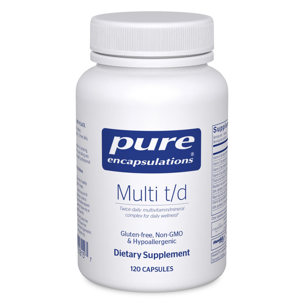 Bottle of Pure Encapsulations Multi T/D multivitamin and mineral supplement, 120 capsules