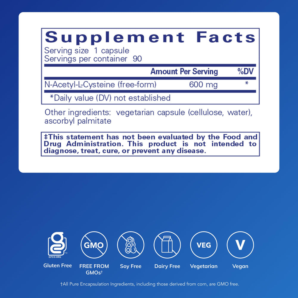 Pure Encapsulations NAC 600 mg bottle front highlights a clean allergen-conscious formula