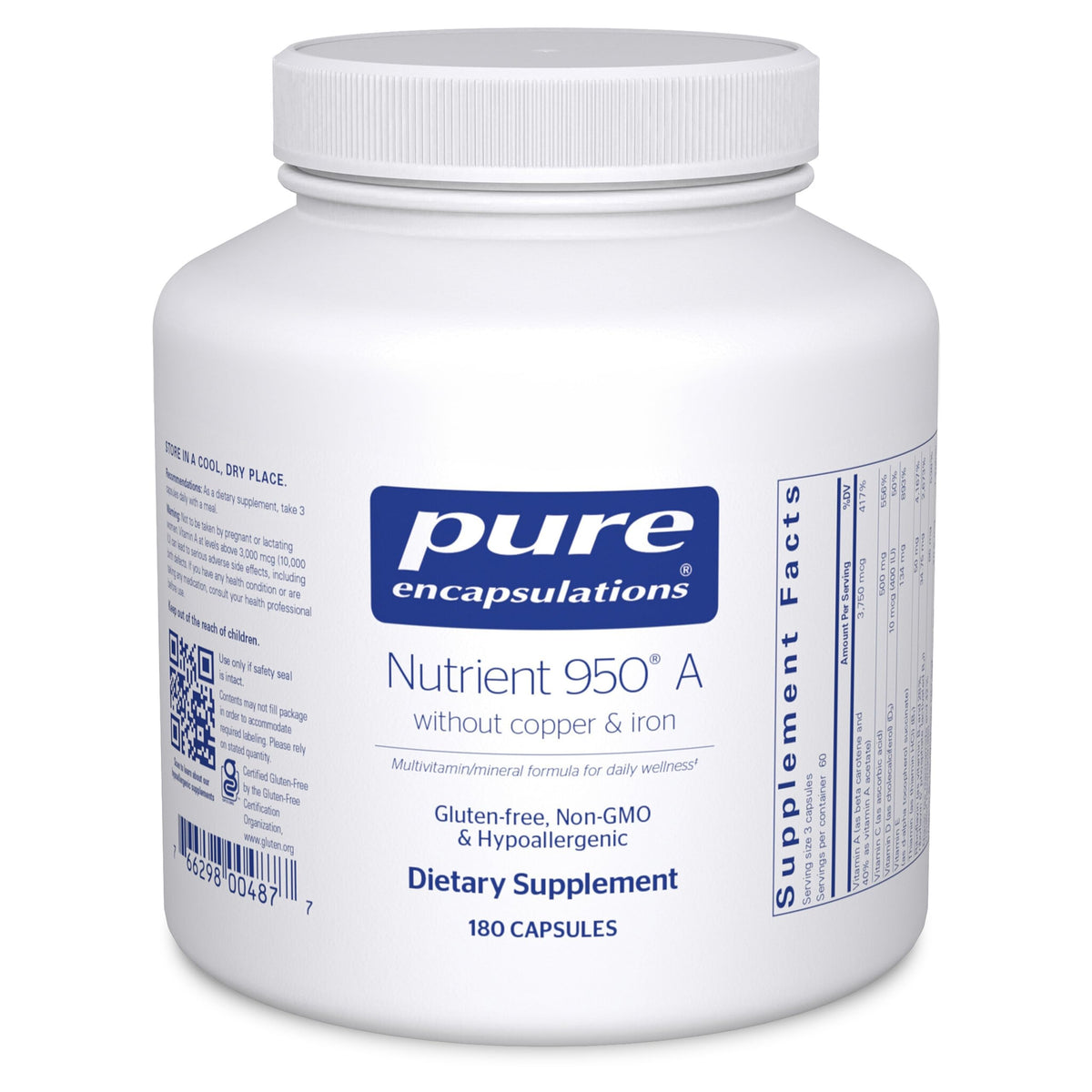 Bottle of Pure Encapsulations Nutrient 950 A Without Copper and Iron 180 capsules