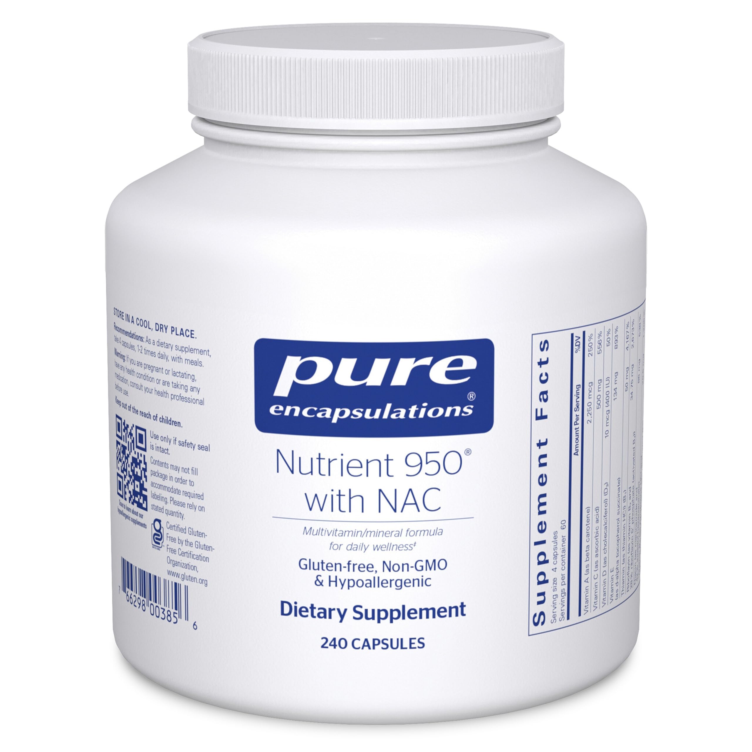 Bottle of Pure Encapsulations Nutrient 950 with NAC on white background