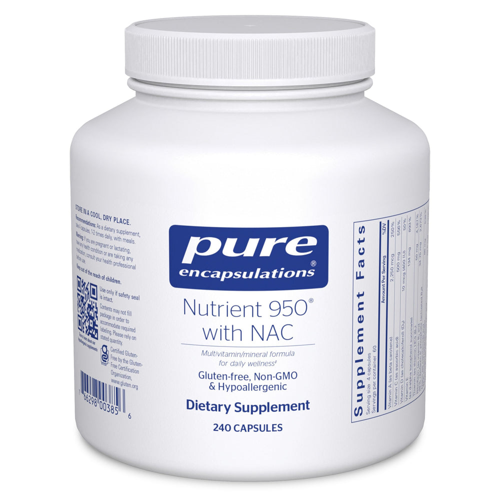 Bottle of Pure Encapsulations Nutrient 950 with NAC on white background