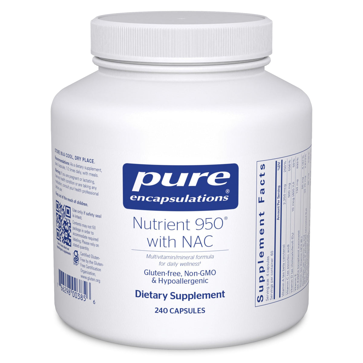 Bottle of Pure Encapsulations Nutrient 950 with NAC on white background