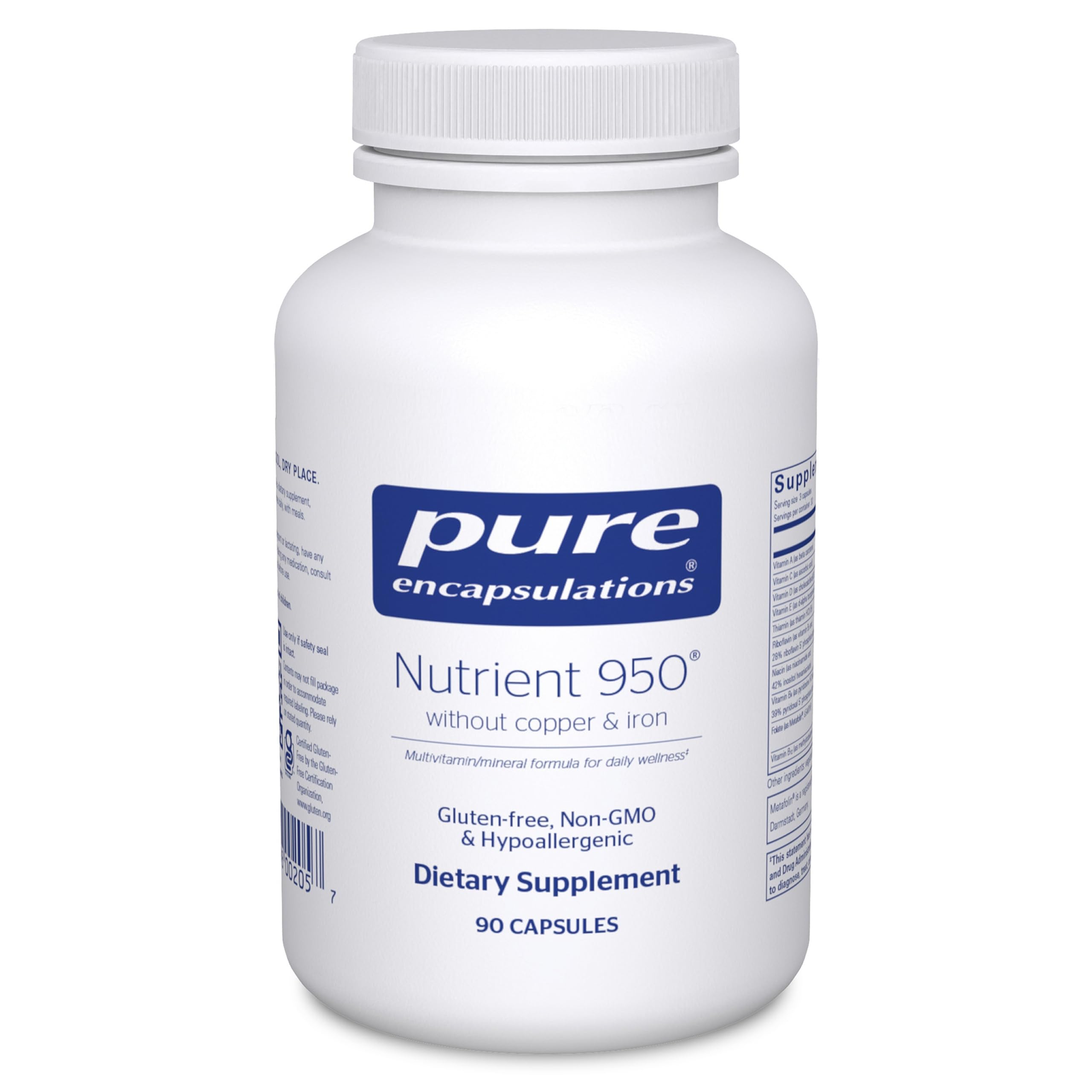 Bottle of Pure Encapsulations Nutrient 950 without copper and iron (90 capsules) – front view