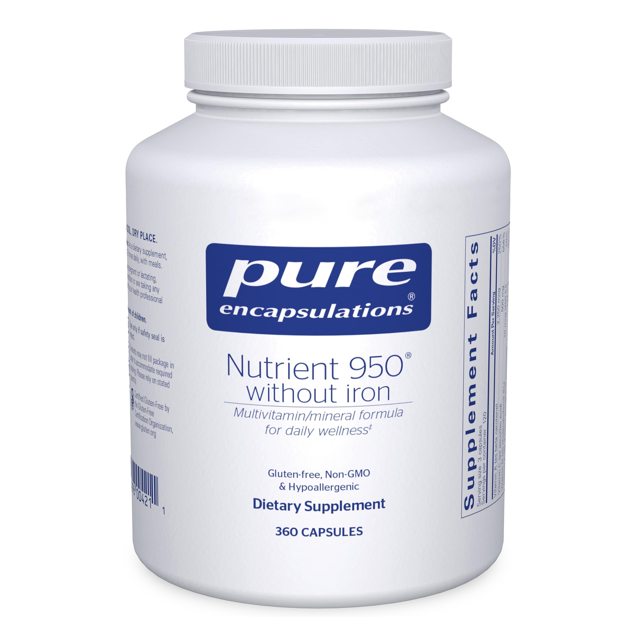 Pure Encapsulations Nutrient 950 Without Iron bottle front view supports cardiovascular health and energy metabolism