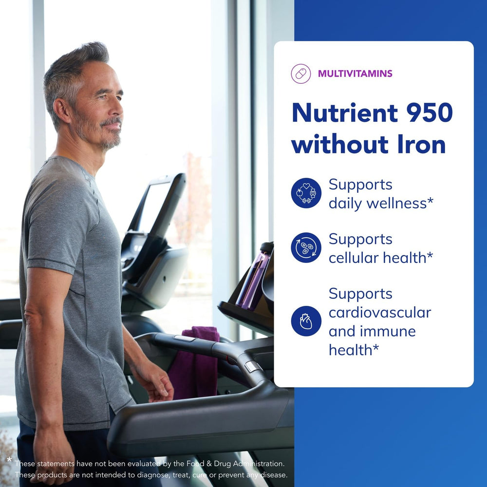 Pure Encapsulations Nutrient 950 Without Iron bottle on desk with meal plan implies bone and hormone metabolism support