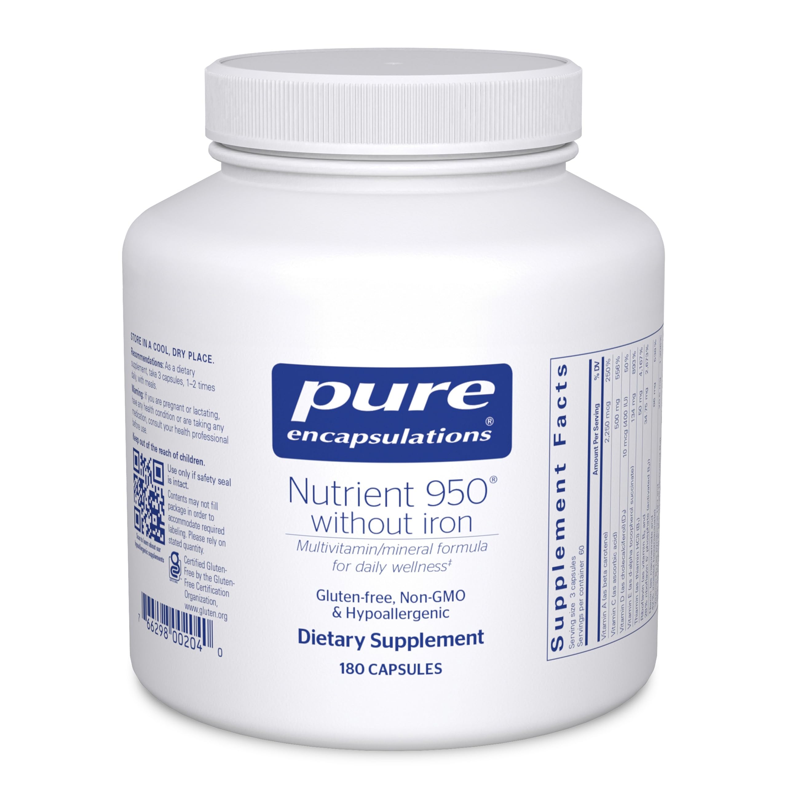 Pure Encapsulations Nutrient 950 Without Iron bottle supports daily cardiovascular health and immune function.