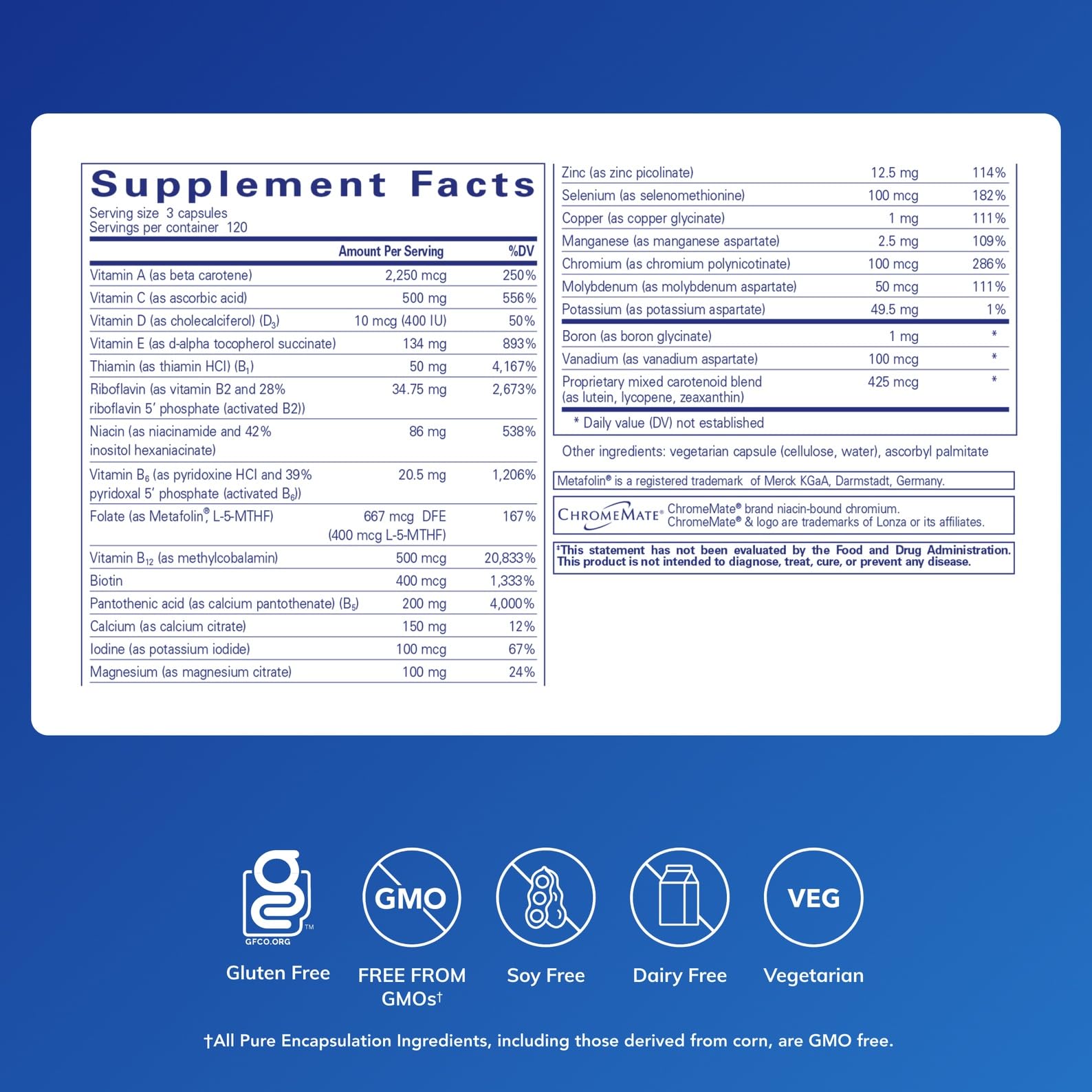 Pure Encapsulations Nutrient 950 Without Iron label close-up highlights Metafolin L-5-MTHF absorption benefits