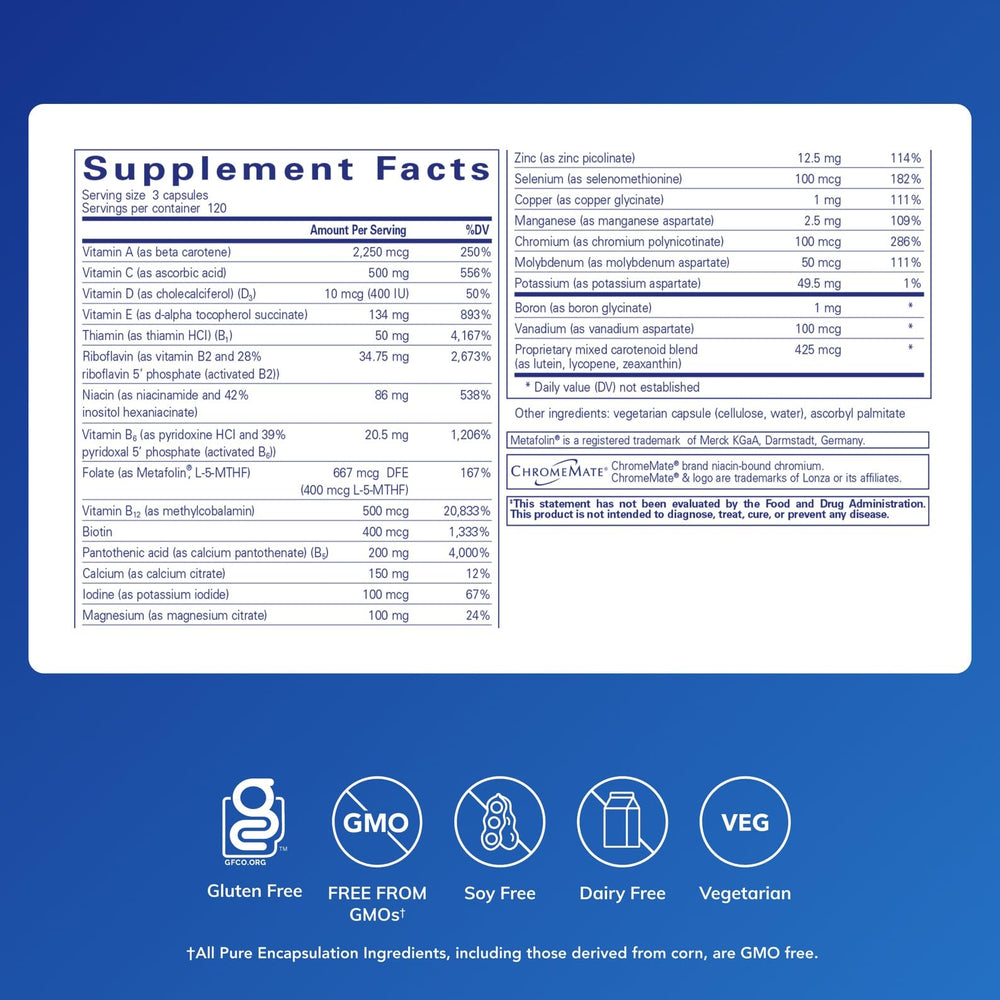 Pure Encapsulations Nutrient 950 Without Iron label close-up highlights Metafolin L-5-MTHF absorption benefits