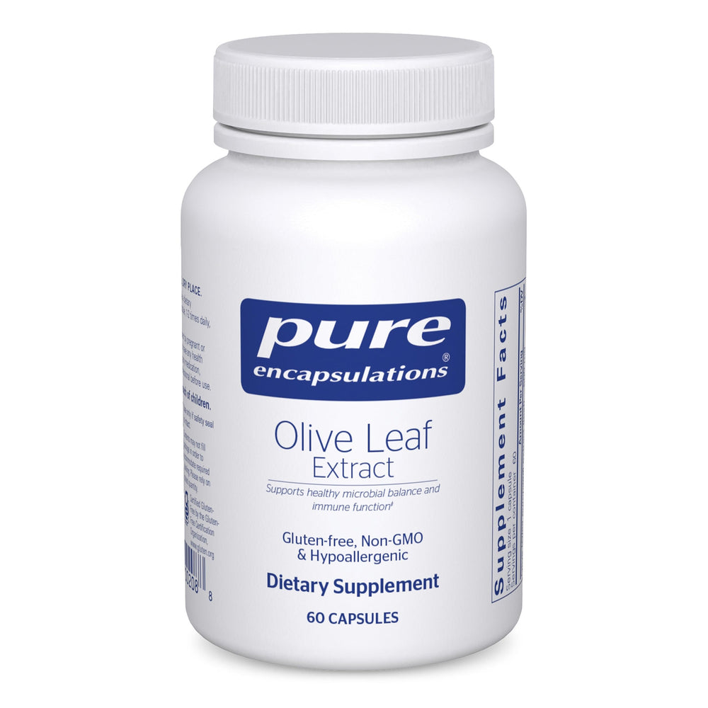 Bottle of Pure Encapsulations Olive Leaf Extract 60 capsules on white background