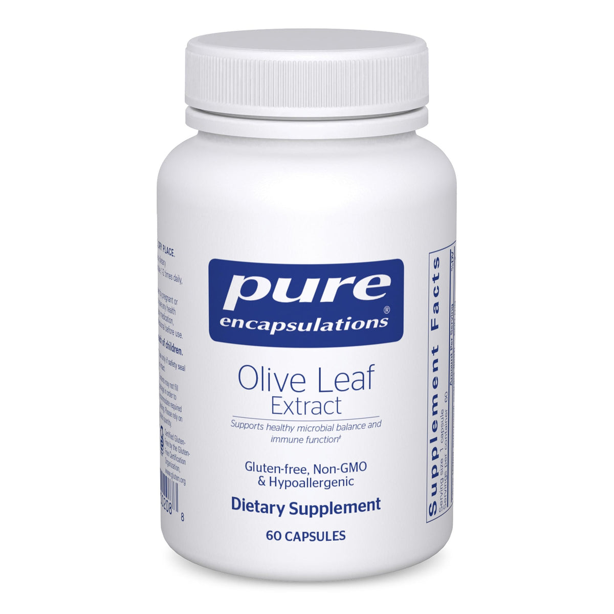 Bottle of Pure Encapsulations Olive Leaf Extract 60 capsules on white background