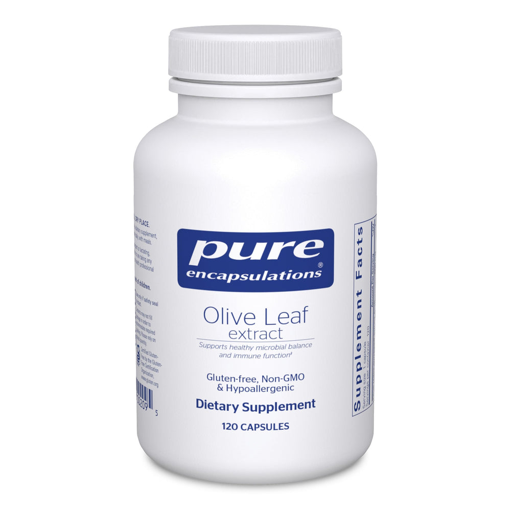Pure Encapsulations Olive Leaf Extract bottle shows premium immune-support potential.