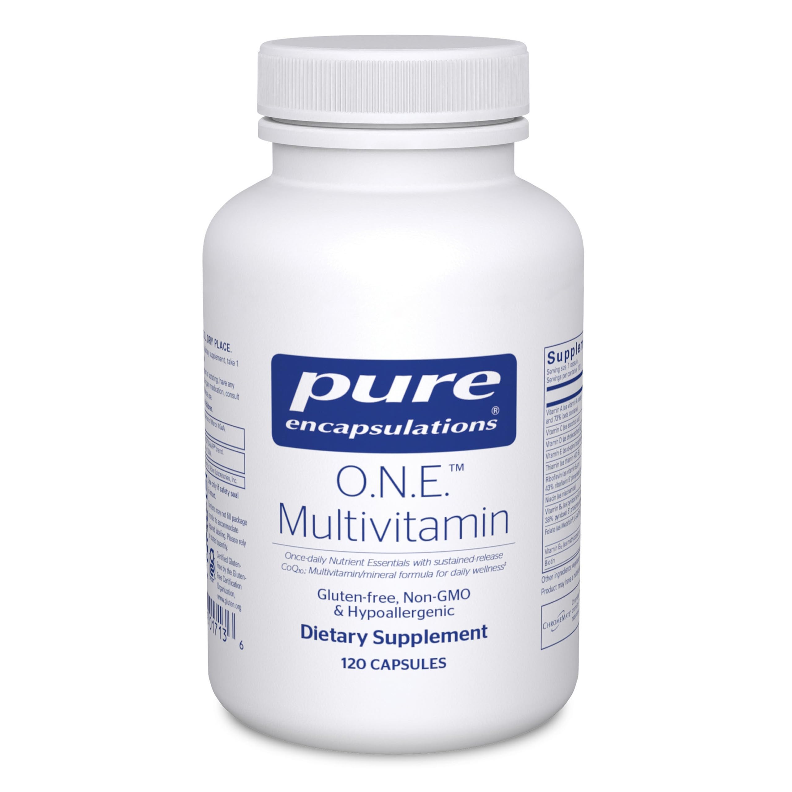 Pure Encapsulations O.N.E. Multivitamin bottle with capsules on white background