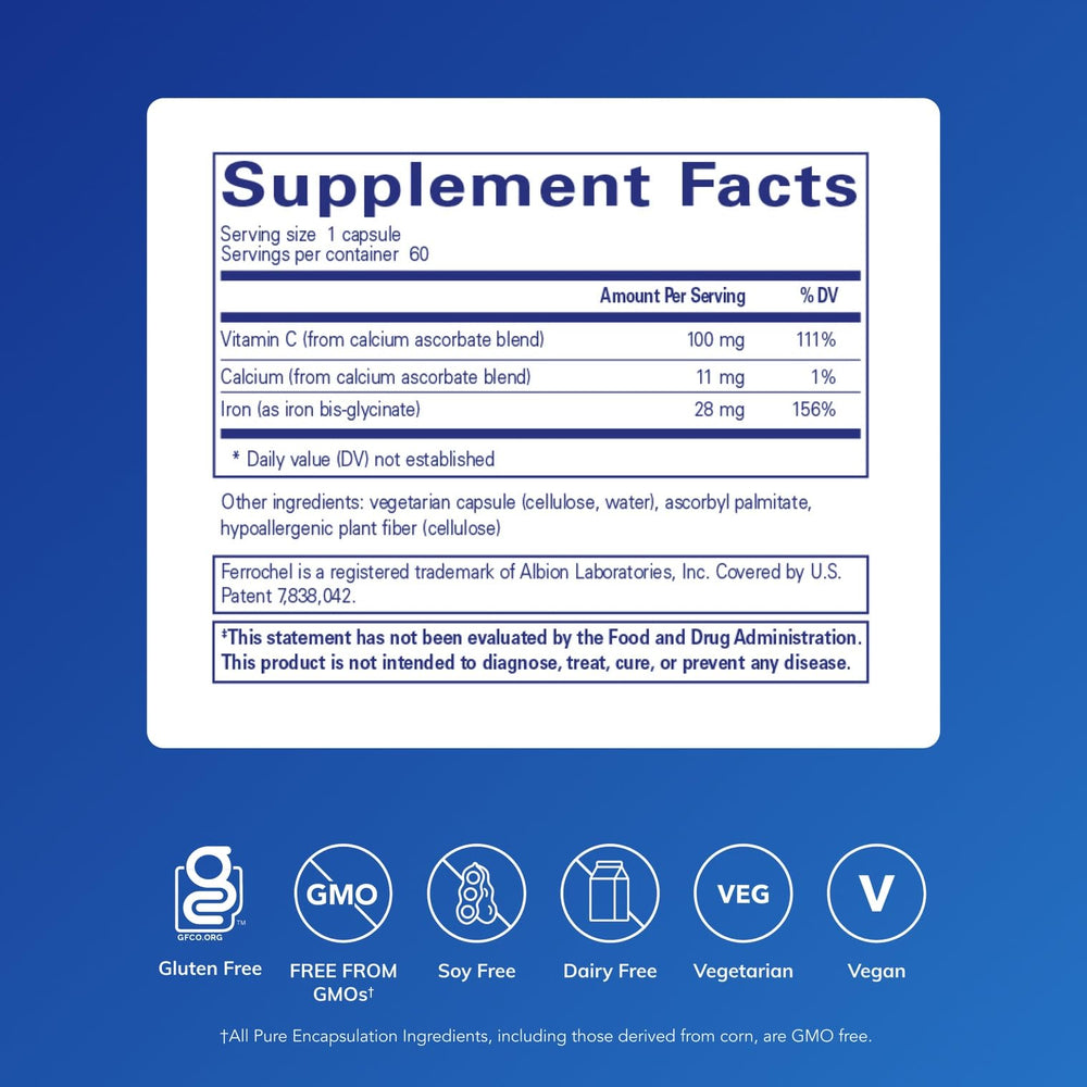 OptiFerin-C bottle label detailing gluten-free and non-GMO ingredients.