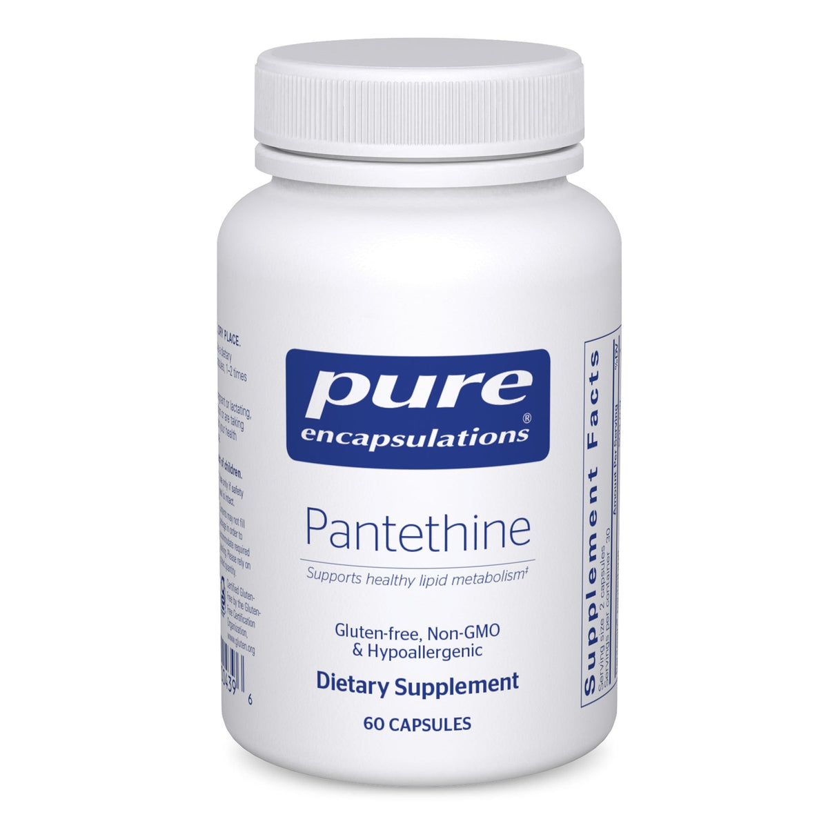 Pure Encapsulations Pantethine bottle highlights hypoallergenic lipid support.