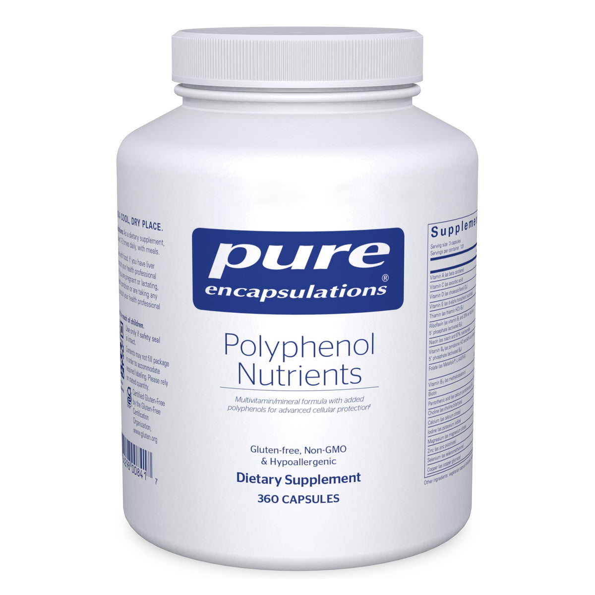 Pure Encapsulations Polyphenol Nutrients bottle highlights hypoallergenic multivitamin support for daily wellness.