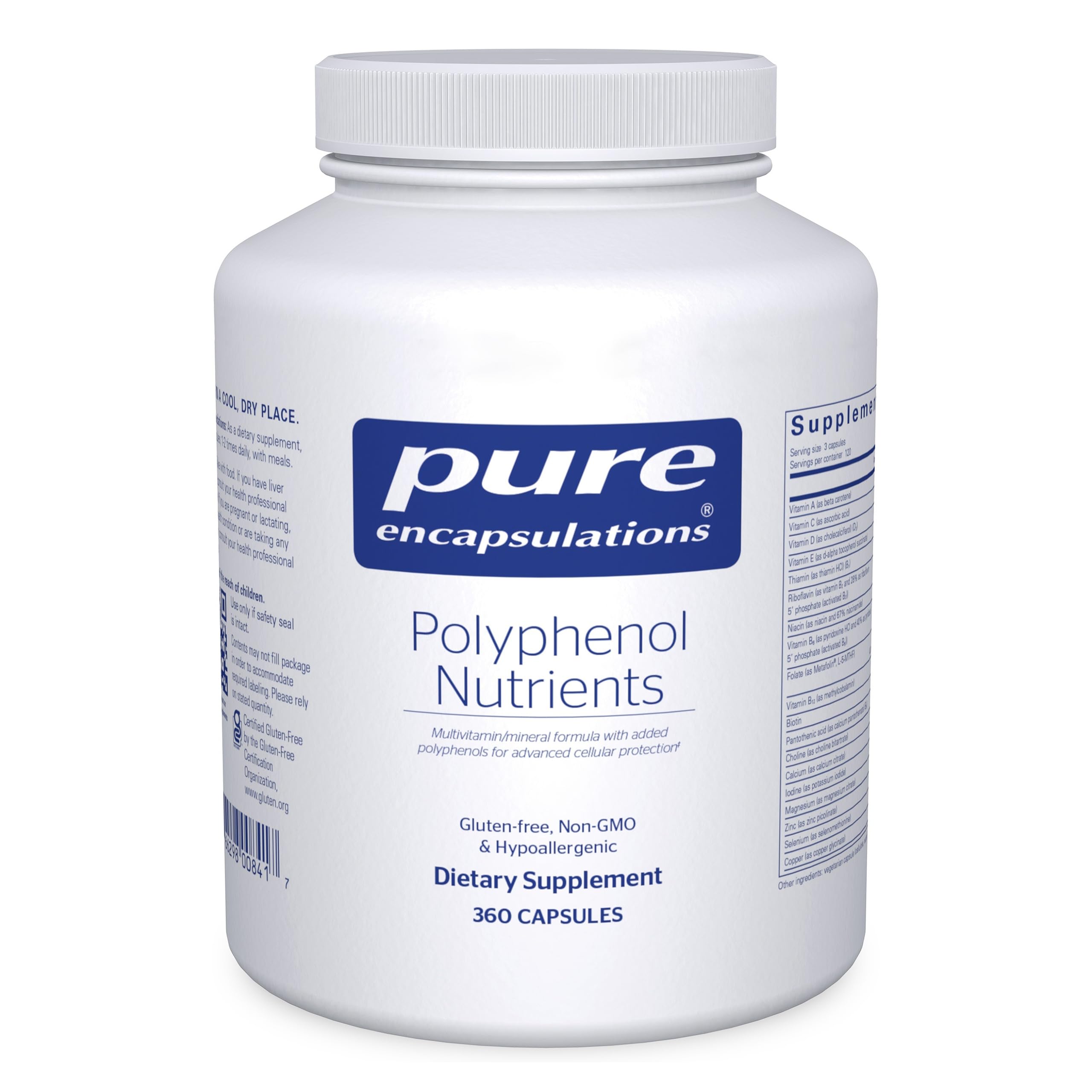 Pure Encapsulations Polyphenol Nutrients bottle highlights hypoallergenic multivitamin support for daily wellness.