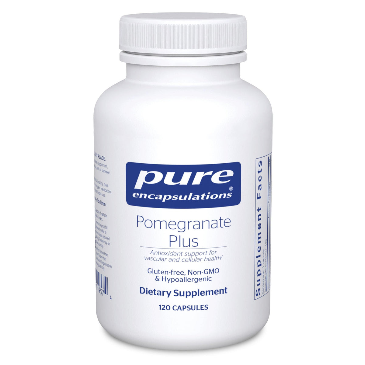Pure Encapsulations Pomegranate Plus bottle shows antioxidant support for vascular health.