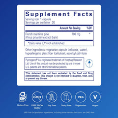 Close-up of Pycnogenol 100 mg bottle label