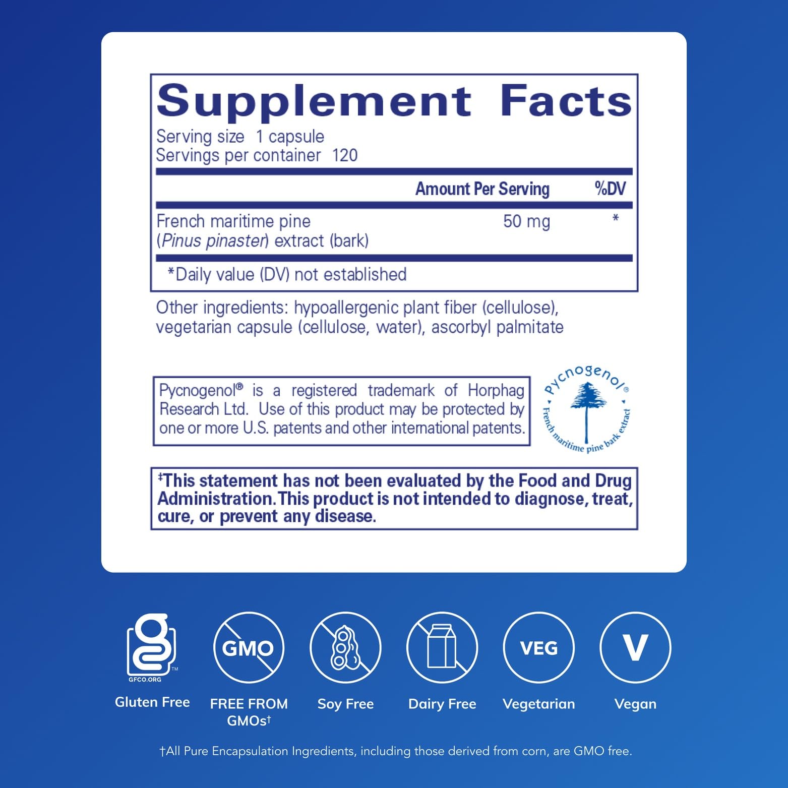Pure Encapsulations Pycnogenol label closeup highlighting premium pine bark extract