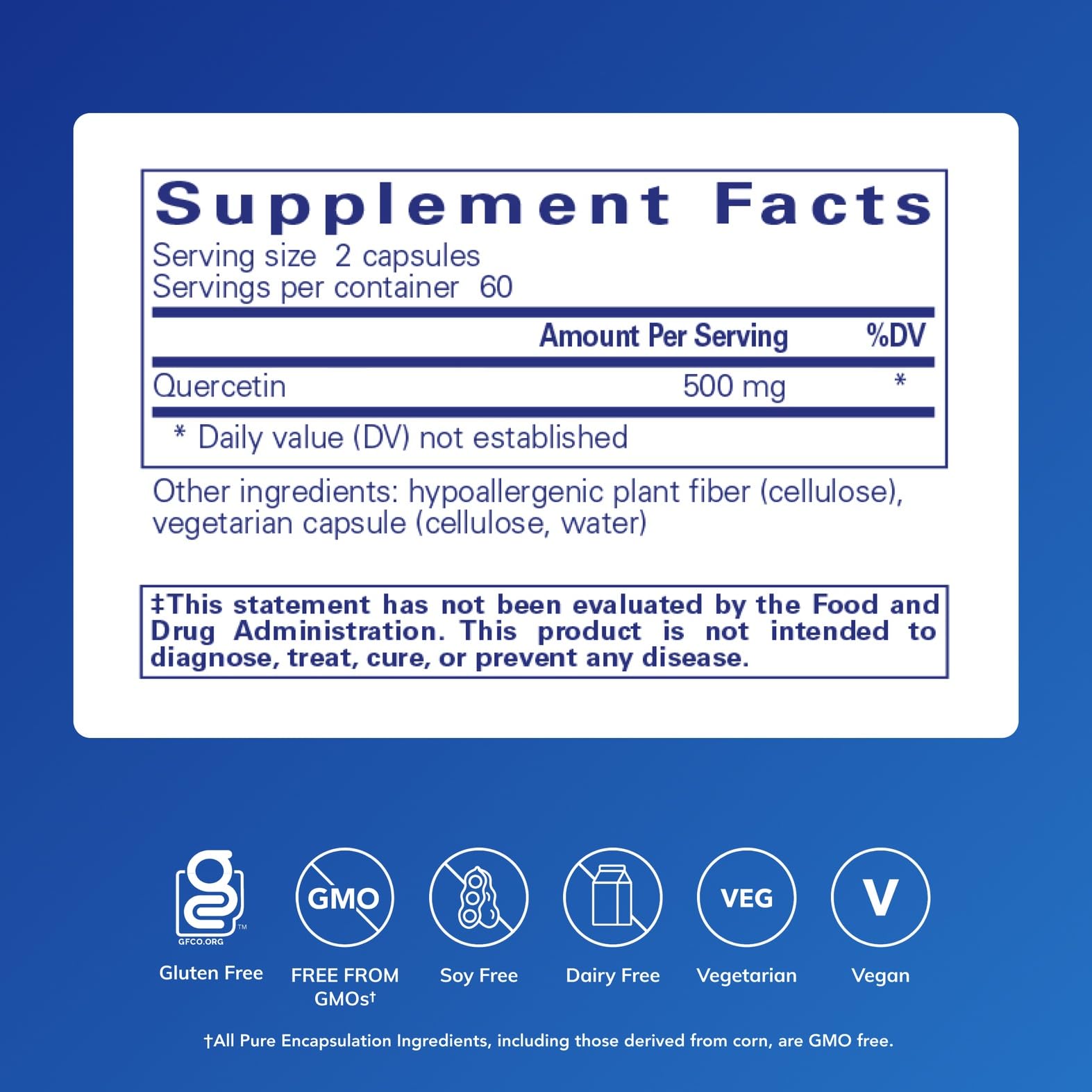 Close-up of Quercetin 500 mg bottle label