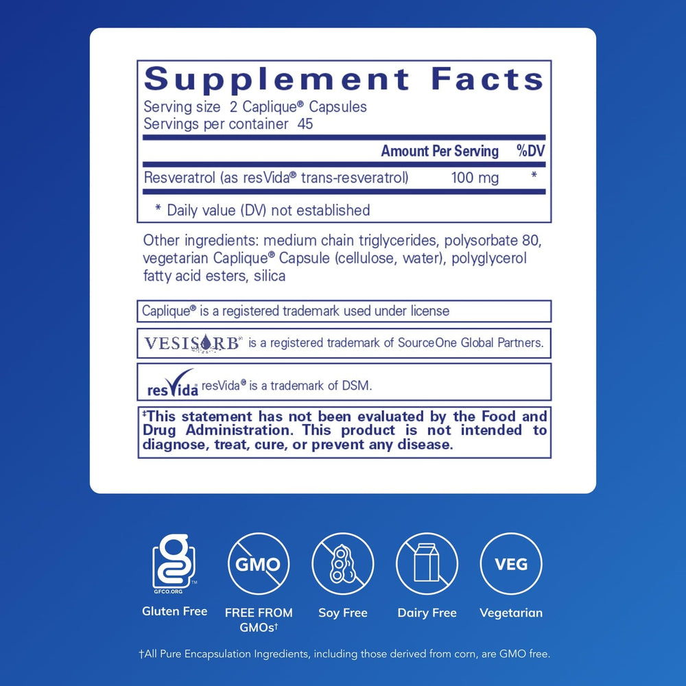 Pure Encapsulations Resveratrol VES-Sorb label closeup highlights allergen-free, high-purity ingredients.